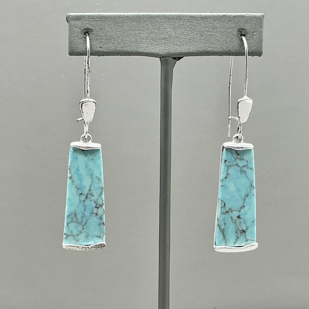 RLM SOHO Earrings Turquoise‎ Rectangle Dangle Silver Tone Long Hook Blue Stone